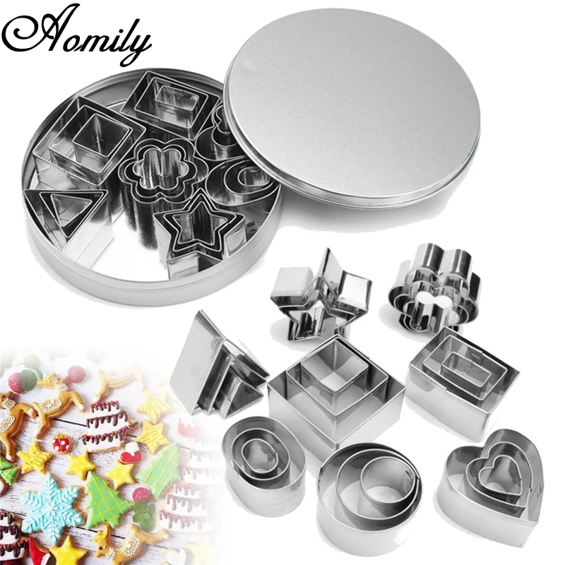 Aomily 24 pcs/Set Cookie Fondant Cake Baking Mold Cutter Stainless Steel Round Heart Flower Star Shape Biscuit Decorating Moulds | Дом и сад