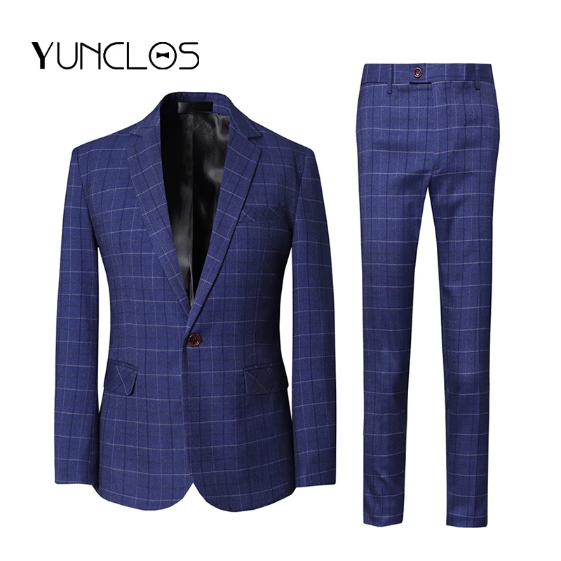

YUNCLOS 2019 New Arrived Navy Blue Slim Fit Men Suit Plaid One Button Business Suit Men 2 Pieces Flat Collar Wedding Suit Male