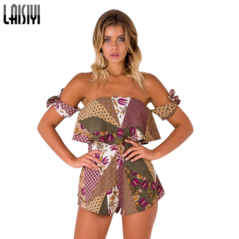 

LAISIYI Women Off Shoulder Floral Print Jumpsuit Romper Summer Beach Overalls 2019 Sexy Backless Bow Beach Playsuit ASJU20052