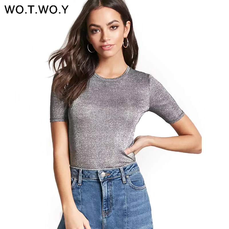 WOTWOY Лето 2018 блестящие футболки Для женщин Slim Fit люрекс Топы женские Повседневное