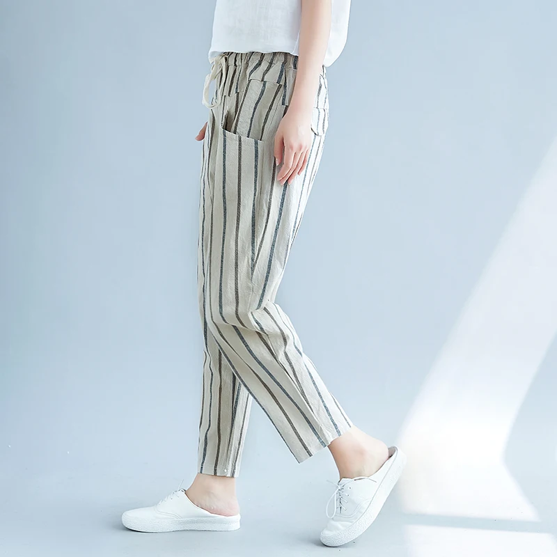 2019 Summer Cotton Linen Harem Pants Trousers Women Pockets Casual Drawstring Elastic High Waist Pants Vintage Pantalon Femme   7