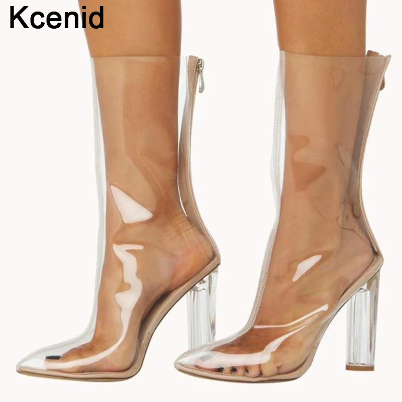 

Kcenid Hot new women PVC ankle boots pointed toe crystal heel transparent women boots clear high heels summer shoes big size 43