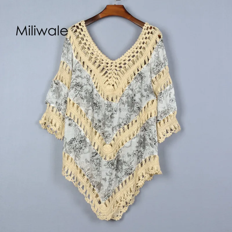 

New arrival spring casual loose printed flower hand knitted collar big V neck three quarter sleeve women blouse shirt