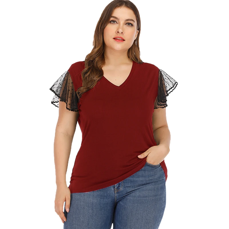 Women Plus Size 5XL Sheer Mesh blouse Polka Dot Lace V Neck Short Sleeves High Waist Slim Casual Tees Ladies Summer Tops |