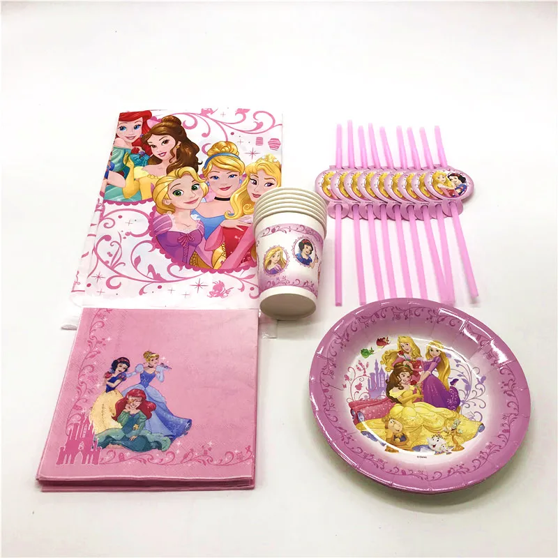 

75pcs Disney Six Princess Cup+Plate+Napkin Birthday Festival Plastic Straw Girl Wedding Theme Party Cartoon Tablecover Supply