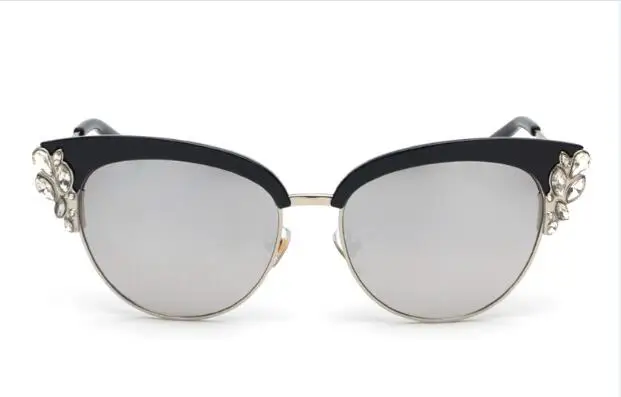 Peekaboo, Летний стиль, кошачий глаз, солнцезащитные очки, женские очки, полуоправы, роскошные стразы, солнцезащитные очки, кошачий глаз, зеркальные - Цвет линз: silver lens