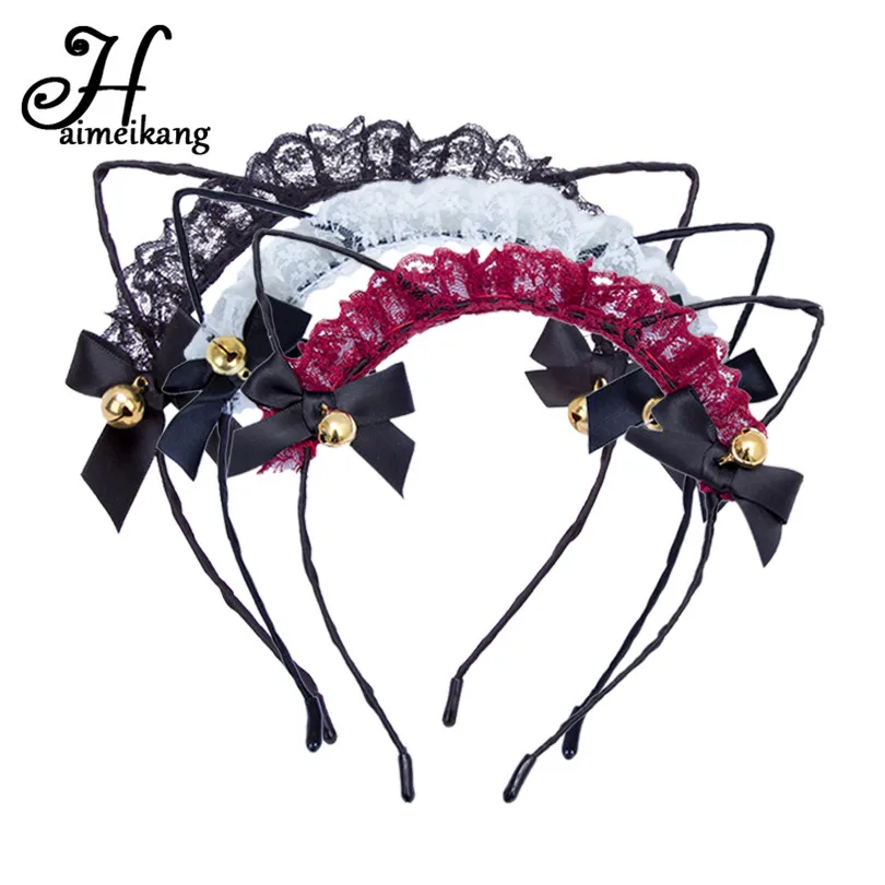 

Haimeikang Women Retro Black Lace Cat Ears Hair Hoop Headband Hair Accessories for Girls Cute Bell Bowknot Hair Band Headwear
