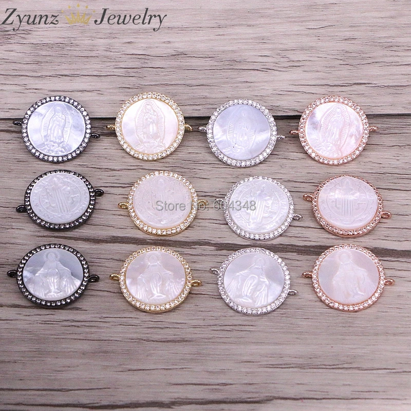 

10PCS ZYZ310-2279 Round shape Virgin Mary / Jesus Shell Pearl Zircon Micro Pave Gems Connector Charm Beads