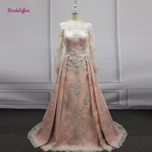 Настоящее вечернее платье с длинными рукавами длинные платья для выпускного вечера видео с золотым кружевом украшенное бисером с длиной до пола платье из атласа вечерние платья