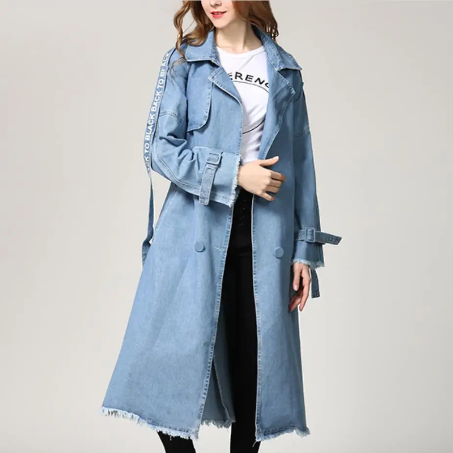 Размера плюс 4XL! Осеннее джинсовое пальто для женщин модный пояс Тонкий джинсовый Тренч с длинным рукавом Повседневные двубортные ветровки