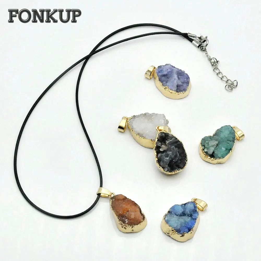 

Forkup Water Drop Pendant Blue Crystal Charm Geode Clusters Gold Plated Multicolor Irregular Jewelry Necklace Aquamarine Stone