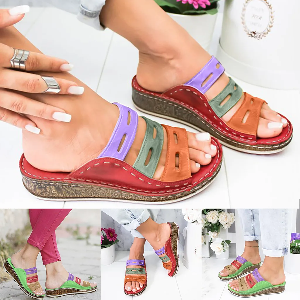 Summer Women Slippers Rome Retro Three-color Casual Shoes Thick Bottom Wedge Open Toe Sandals Beach Slip On Slides Female