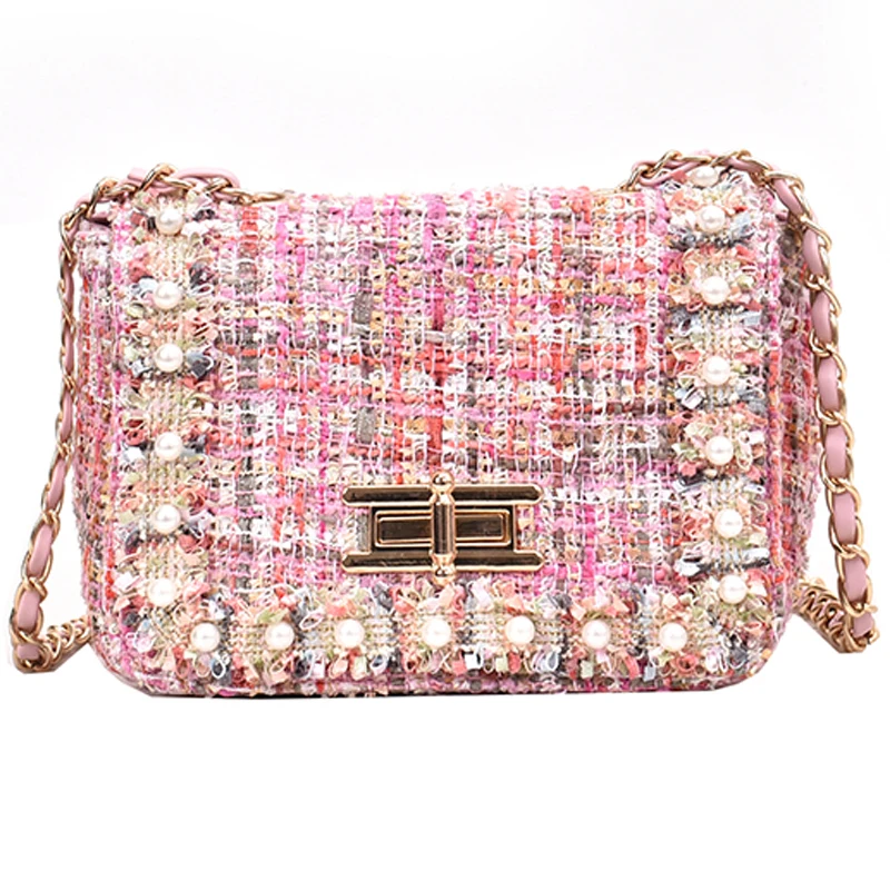 

Sweet Lady Flap Square bag 2019 Summer New High Quality Wool Pearl Women's Designer Handbag Lock Chain Shoulder Messenger Bag