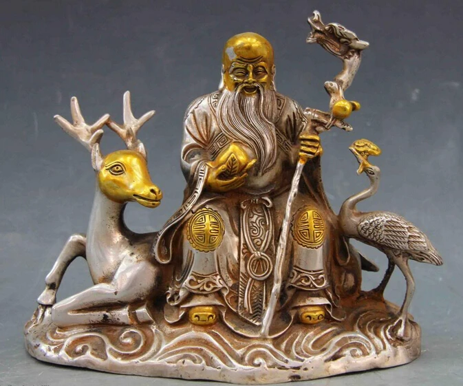 

Collectible bronze lion statue S0662 9 Chinese Folk White Copper Silver Ride Deer Longevity Crane god Buddha Statue (B0328)