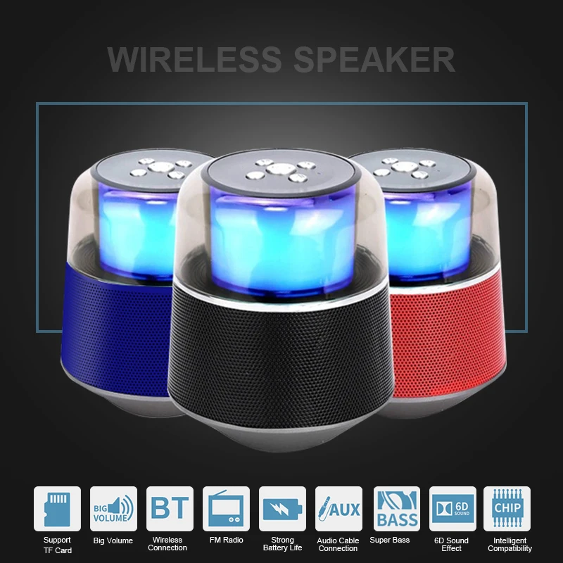 Portable HIFI Wireless BT 4.2 Stereo Sound with LED Lights AUX TF FM for Smartphone, Computer and Other All Bluetooth Devices