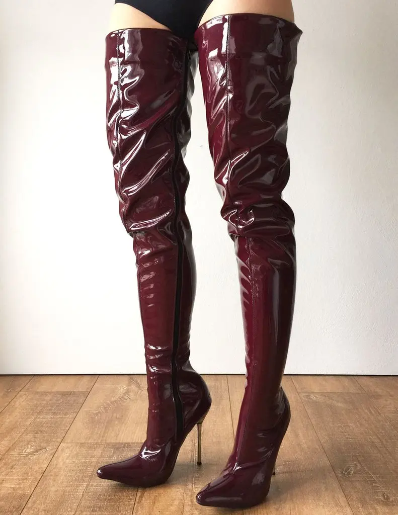 

Brown Red Boots 80Cm Crotch Thigh High Boots Women Shoes 12Cm StilettosMetal High Heels Pointy Toes Custom Wide Calf Fit Shoes