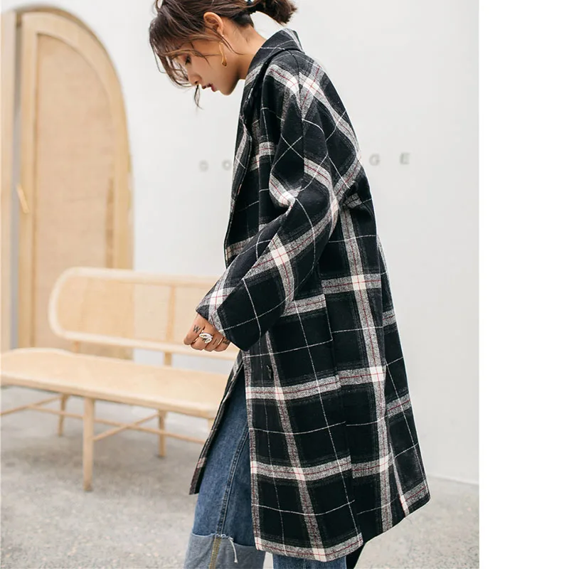 Cheerart Winter Long Wool Coat Women Plaid Coat Plus Size Tweed Big Lapel Coat Vintage Knee Length Woolen Outerwear Coat