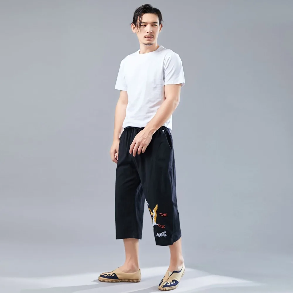 LZJN Men’s Summer 34 Pants Casual Cotton Linen Elastic Waistband Wide Leg Capri Short Bermuda Embroidery Beach Playa Hombre (14)