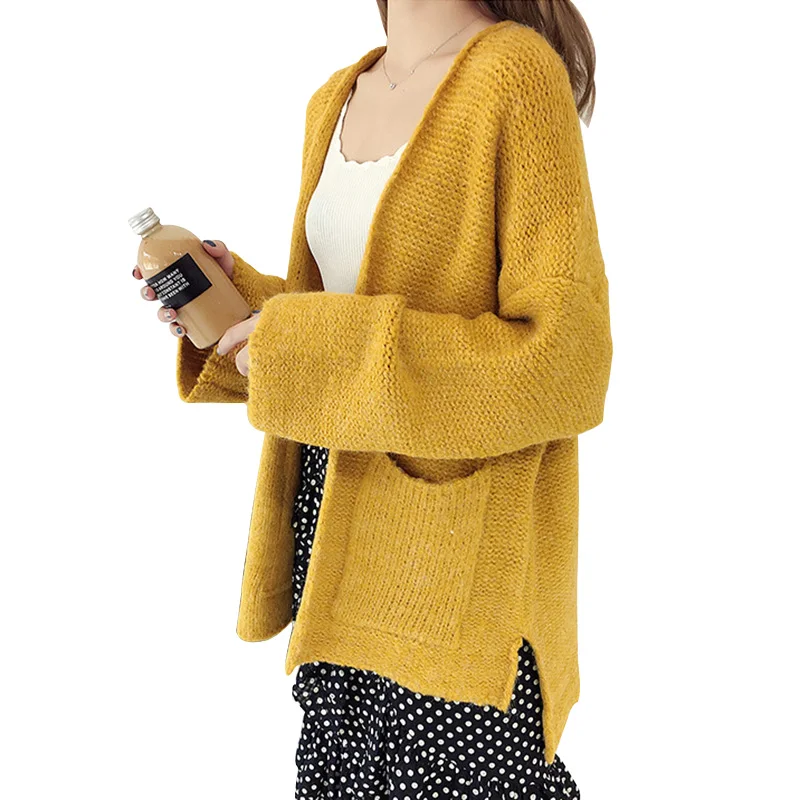 Loose Casual Knit Yellow Sweater Cardigans Womens Knitting Pocket Top