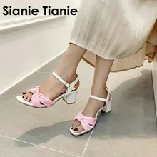 Sianie Tianie/модные летние женские туфли на высоком массивном каблуке; цвет розовый, серый; женские босоножки с бантом и открытым носком; большие размеры 33, 45, 46