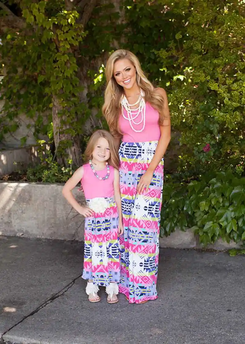 Mother And Daughter Geometric Dresses 2018 Family Matching Clothes Kids