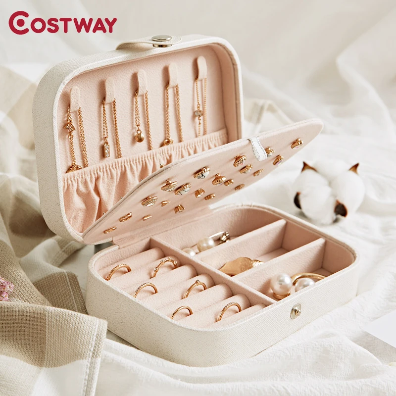 

COSTWAY Korean Style Portable Jewelry Box Organizer Multi-function Ring Stud Earrings Jewelry Storage Box Faux Leather Box W0459