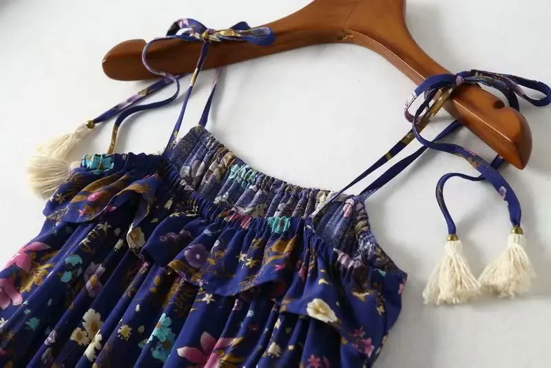 Богемное шикарное летнее винтажное платье с цветочным принтом и кисточками средней длины на бретелях для женщин модные пляжные платья на завязках Vestidos