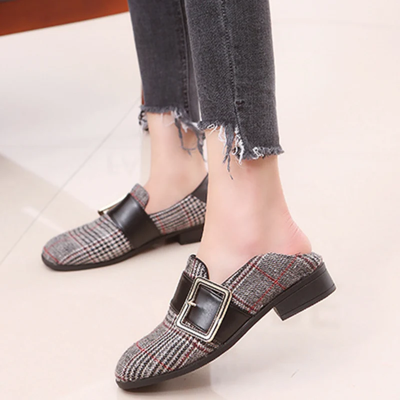 

New Spring Autumn Women Gingham Buckle Strap Loafers Ladies Slip On Shallow Low Heels Female Fashion Casual Comfort Shoes