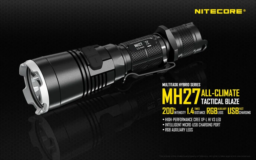 Распродажа NITECORE MH27 с 18650 перезаряжаемым фонариком CREE XP-L HI V3 1000LM RGB светодиодный яркий фонарь для повседневного использования