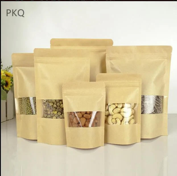 10pcs 6 sizes Kraft paper storage bag zipper stand up with window coffee bean/snacks packaging pouch small ziplock bags | Дом и сад