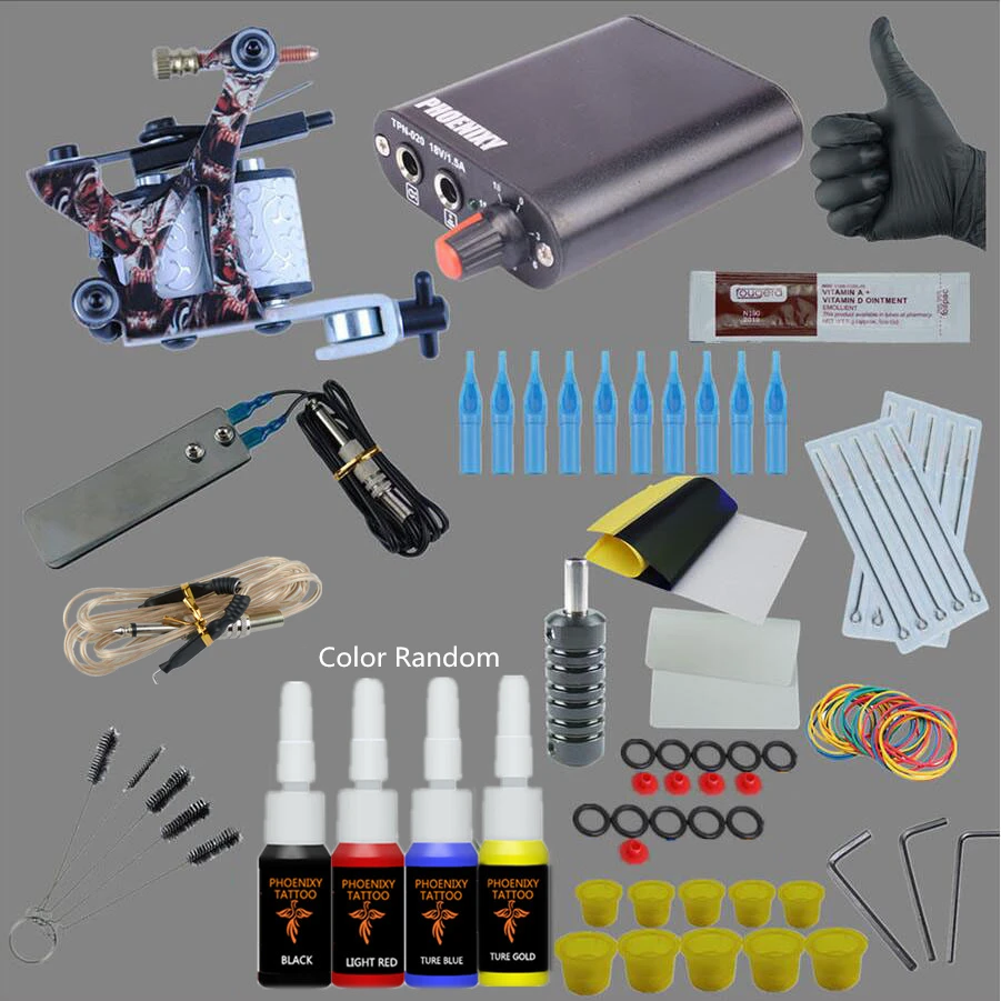 Temporary Complete Tattoo Kit Beginner Tattoo Kit Machine Guns Inks Needles Tattoo Power Supply 4 colors