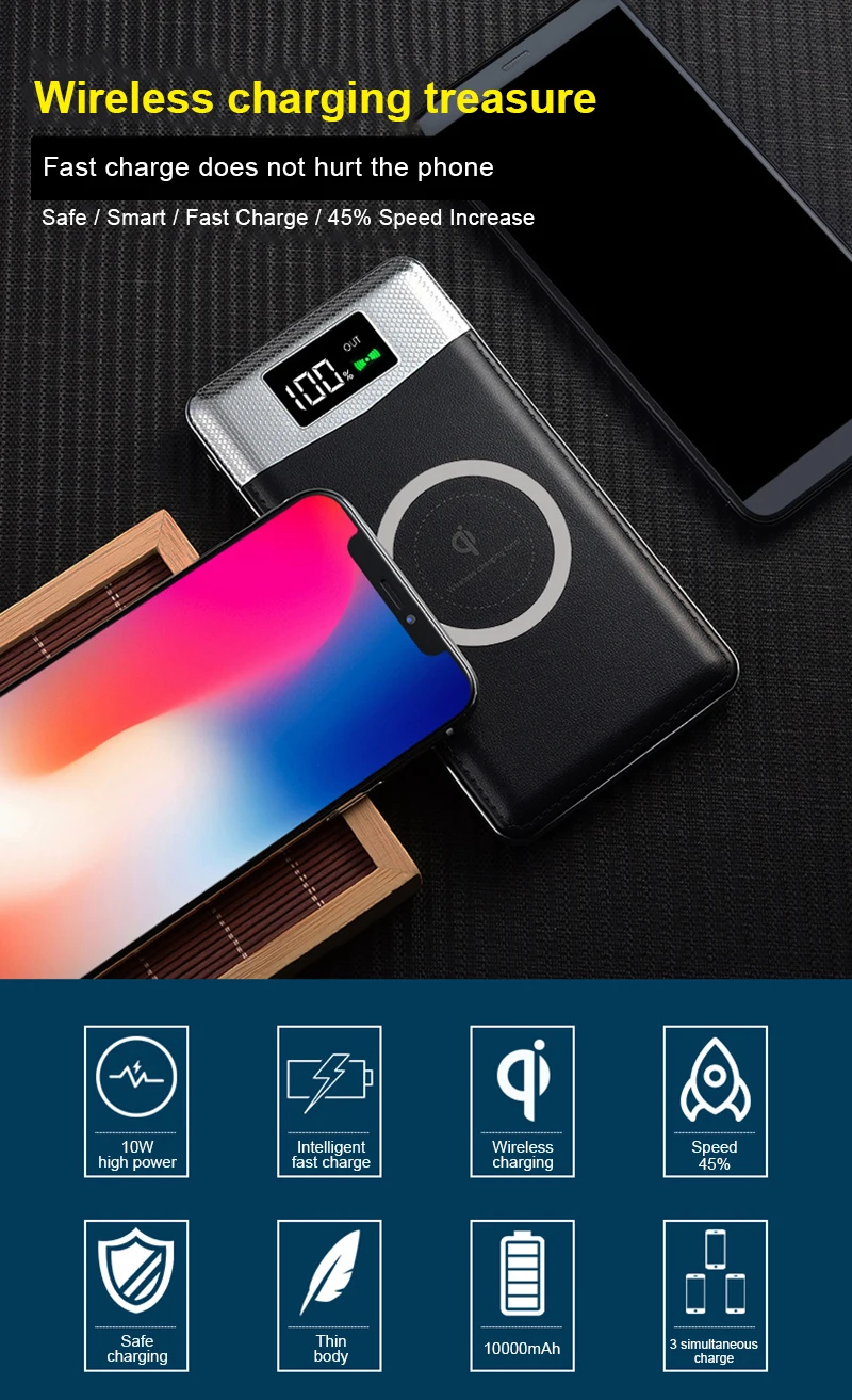 10000 мАч беспроводное зарядное устройство Qi для iPhone 8 X Xiaomi Samsung S8 Note 5 S6