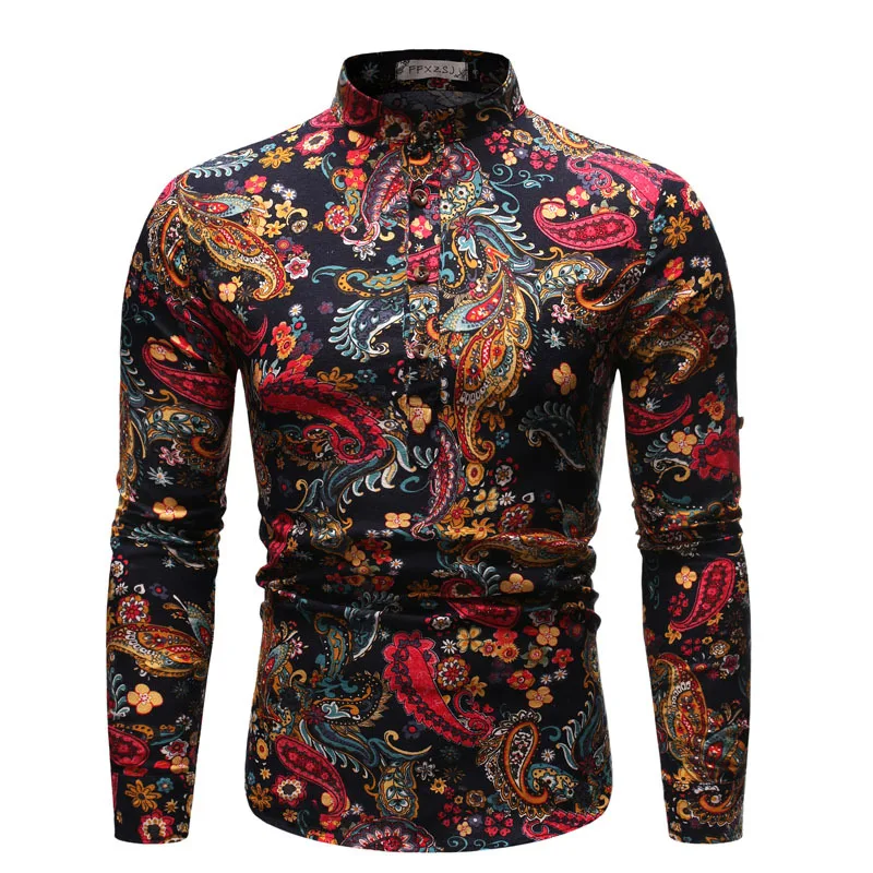 

FFXZSJ brand fashion spring/summer casual shirt slim body printing linen national style shirt long sleeve men's shirt