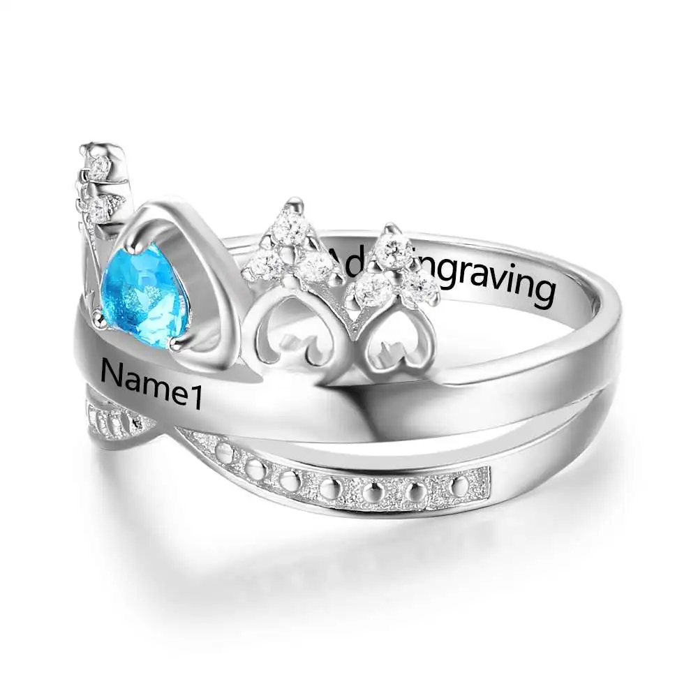 Heart Crown Birthstone Ring 925 Sterling Silver Wedding Rings Engrave Name Anniversary Personalise Gift (JewelOra RI102880)
