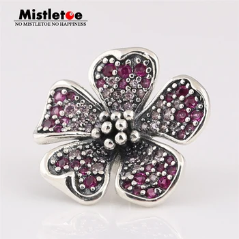 

Mistletoe 925 Sterling Silver Peach blossom Charm, Red CZ Bead Fit European Bracelet Jewelry