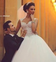 Luxuoso Vestido De Noiva 2018 Vestidos de Casamento Muçulmano vestido de Baile Tulle Pearls Ver Através de Dubai Árabe Do Vestido De Casamento Nupcial