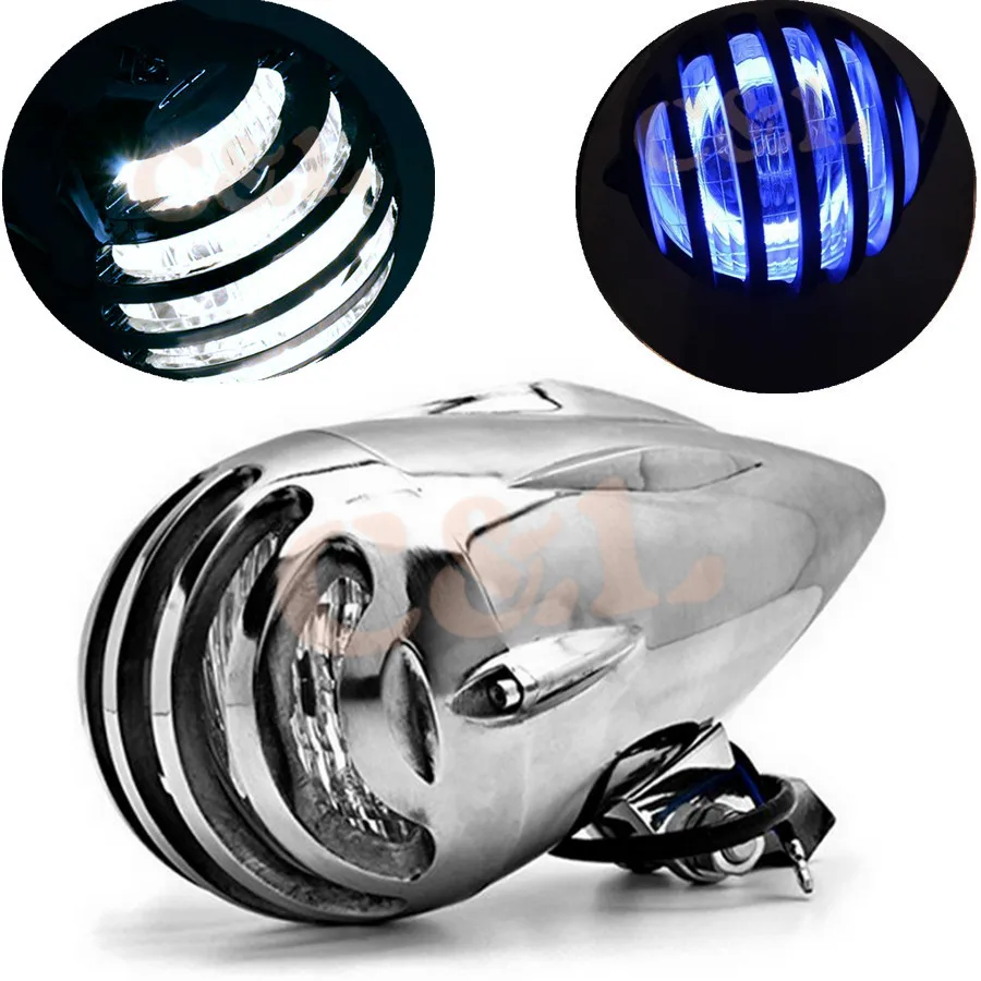 Motorcycle Chrome LED Bullet Headlight With Blue Angel Eyes Light For