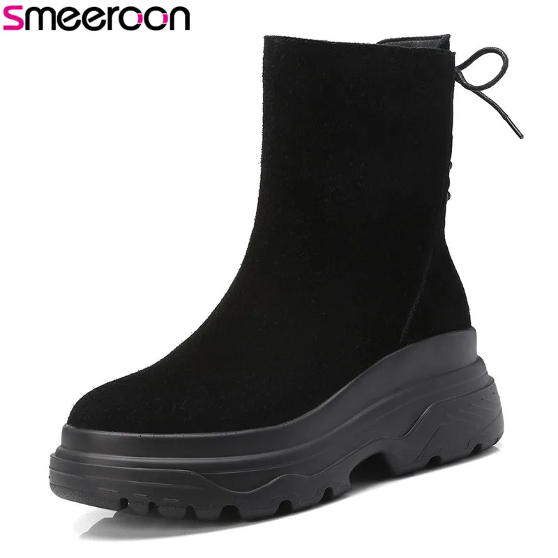

Smeeroon 2018 new arrival autumn women boots high quality cow suede leather boots slip on flat bottom ankle boots black