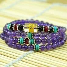 

New Fashion 6mm Amethyst Tibetan Buddhist 108 Prayer Beads Necklace Gourd mala Prayer Bracelet for Meditation