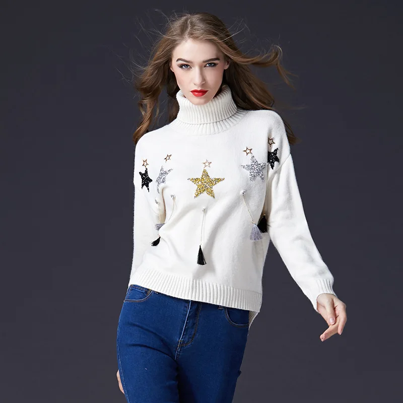 Winter Turtleneck Sweater Women 2019 Tassel And Pullovers Fashion Stars Sequins Long Sleeve Top Pull Femme | Женская одежда