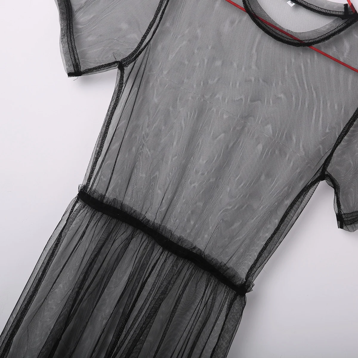 2018 Summer Volie Mesh Dresses Women See Through Black Gauze Mesh Sundress Half Sleeve Lace Sexy Outwear 1-Piece Summer