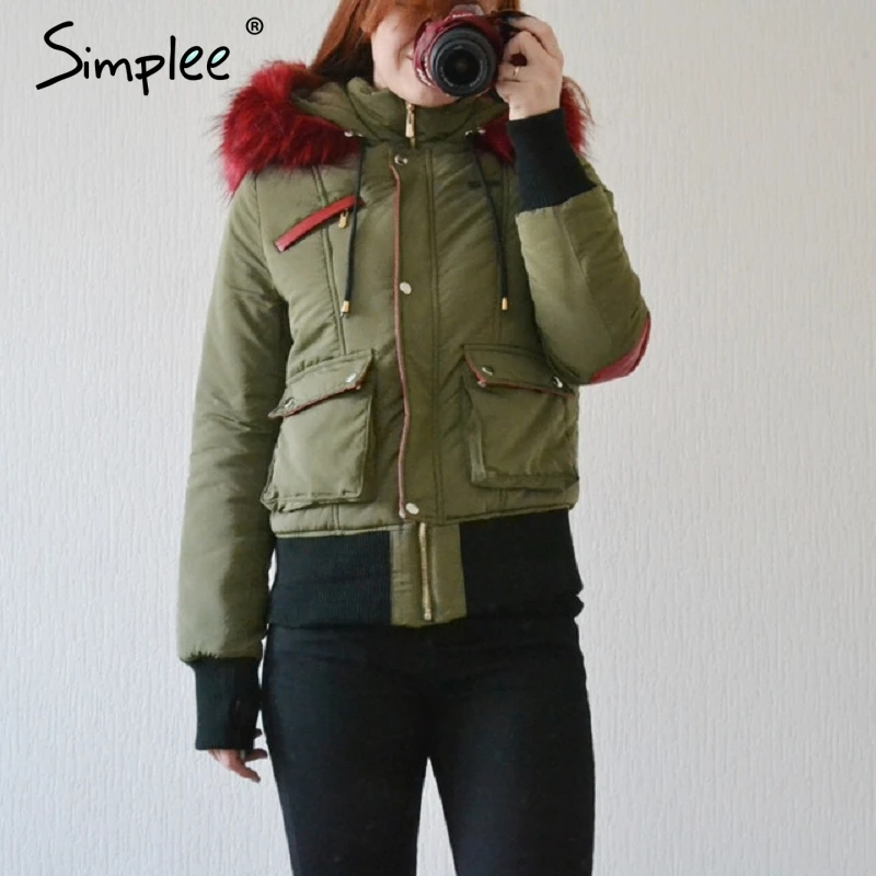 Simplee Hood padded parka winter jacket women coat Fur warm pocket zipper winter overcoat Snow wear thick jacket coat female