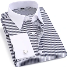 High Quality Striped Men French Cufflinks Casual Dress Shirts Long Sleeved White Collar Design Style Wedding Tuxedo Shirt 6XL