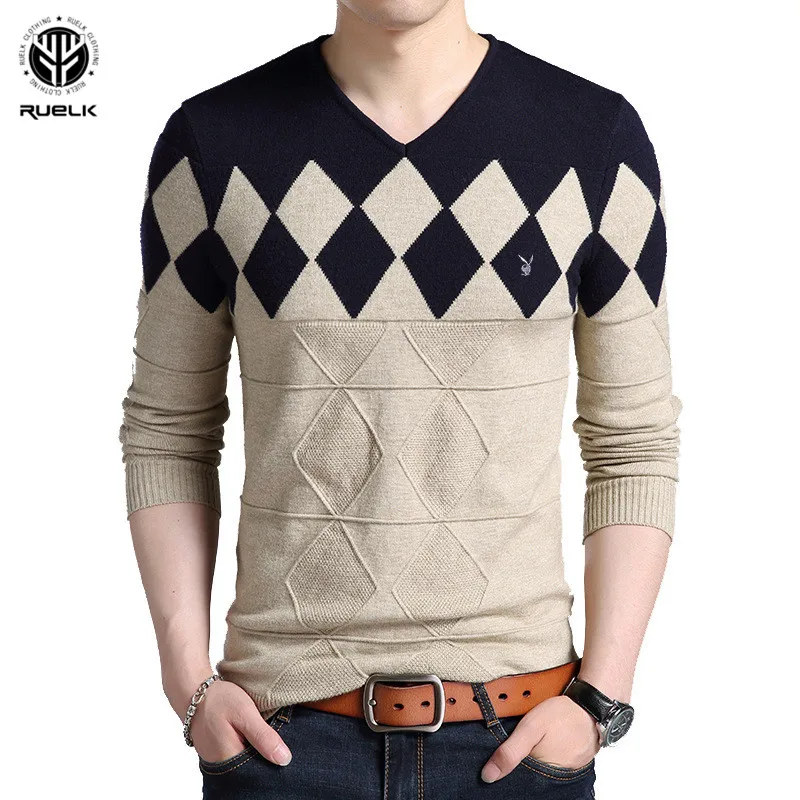 

RUELK Long Sleeve Mens Casual Autumn Sweaters Patchwork Color Pullover V-Neck Long Sleeve Sweaters Men Casual Clothes Slim Fit