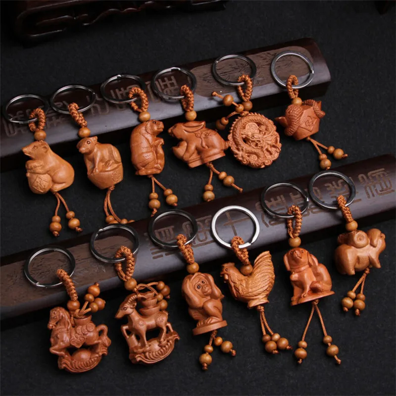 

China Style Mahogany Three-dimensional Engraving Zodiac Signs Keychain Lifelike Keyring For Friend Women Men Car Keychain Gifts