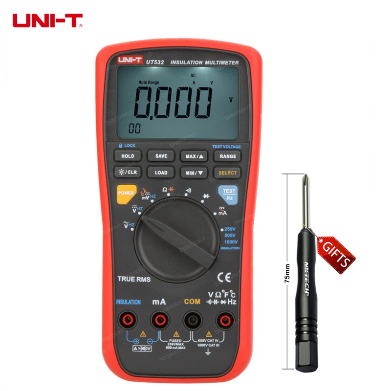 

UNI-T UT532 True RMS Auto Range 250~1000V Insulation Resistance Tester Digital Multimeter Temperature Meter Capacitor
