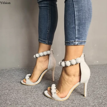 

Olomm Women Ankle Strap Hairball Sandals Stiletto Heel Sandals Open Toe Concise Light Grey Party Shoes Women US Plus Size 5-15