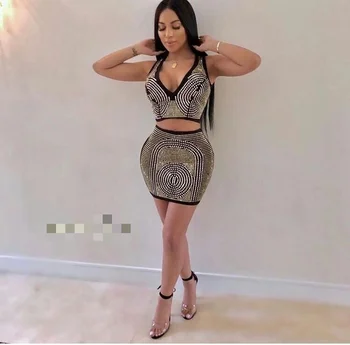 

Deep V-neck Sequined Diamonds Fashion Spaghetti Strap Sexy Women Bandage Dress Pub Celebrity Body Con Party Dresses wholesale