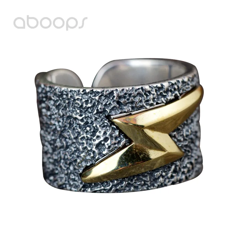 

15mm Wide Two Tone 990 Sterling Silver The Flash Lightning Ring for Men Boys Adjustable Free Shipping