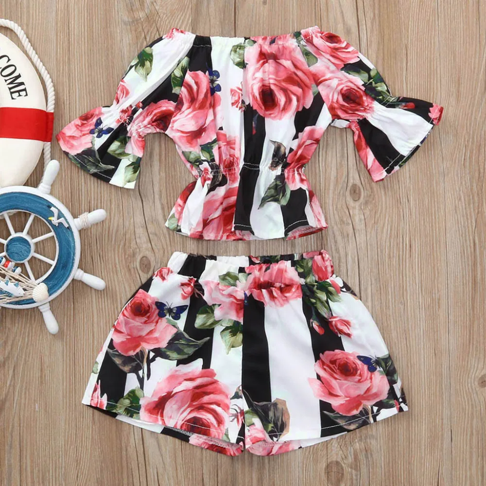 Girls Clothing Sets Off Shoulder Flare Lantern Sleeve Rose Print Tops+Striped High Waist Shorts Outfits Set Toddler Girl Clothes